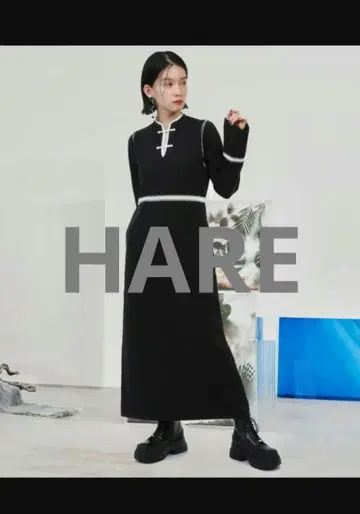 HARE 차이나 버튼 니트 원피스 블랙 중화 하레