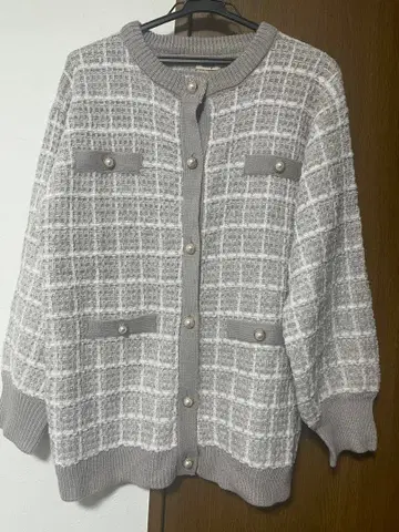 evelyn 체크 무늬 트위드 니트 가디건