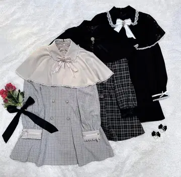 ROJITA 로지타 리본 브로치 포함 케이프 원피스 체크 베이지