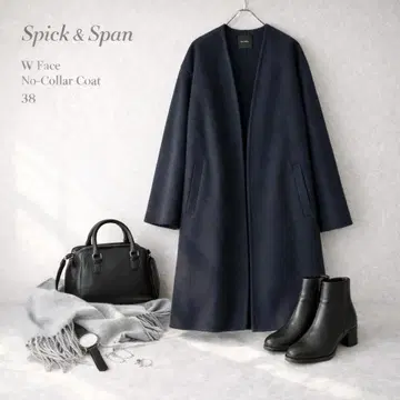 Spick & Span W 페이스 스탠드 노카라 코트 네이비 38