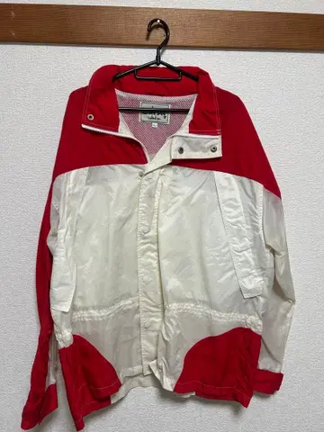 나일론 자켓 빨간색/화이트 풀 집업 수납 후드 있음
