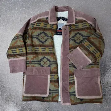 80s 쉘파 자켓 리얼 가죽 스웨이드 절개 보아 네이티브 무늬