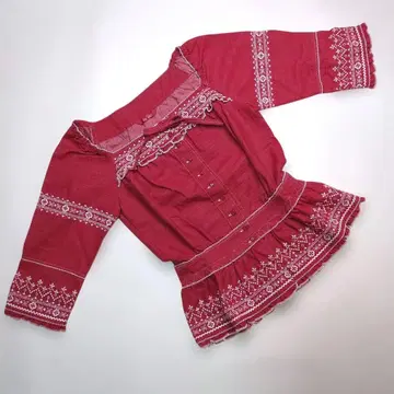 핑크하우스 빨간색 데님 5부 소매 자수 블라우스