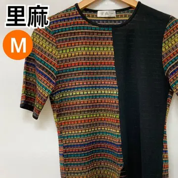 린넨 상의 반팔 니트 블록 체크 패턴 블랙 M [ CT1889 ]