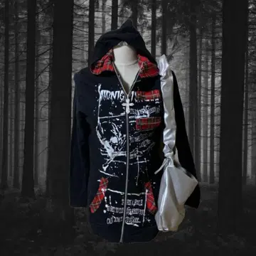 y2k 다크코어 후드티 해골 블랙 체크 빨간색