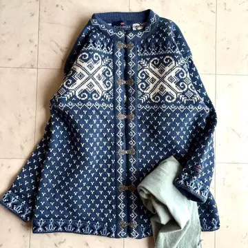새상품급 북유럽 노르딕 페어아일 패턴 가디건 XL 파랑 노르웨이