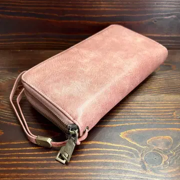 E6 이탈리아 가죽 천연 가죽 얼룩 염색 지갑 더블 지퍼 오거나이저 벚꽃