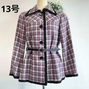 레트로한 보라색 체크 무늬 자켓 트위드 큰 사이즈의 숏코트 LL