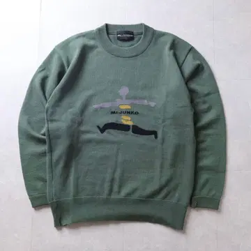 Mr.JUNKO 울 100% 니트 스웨터 자수 디자인 그린 L