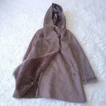 후드 부착 롱 에코 무스탕 코트 M 모카 베이지 따뜻한 아우터