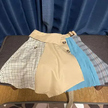 베이지 파랑 플리츠 스커트 미니 스커트