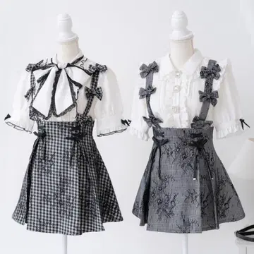 [ Dearmylove ] 레이스 겹침 서스펜더 리본 레이스업 스커트