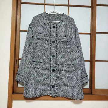 discoat 노카라 트위드 자켓 블랙 화이트