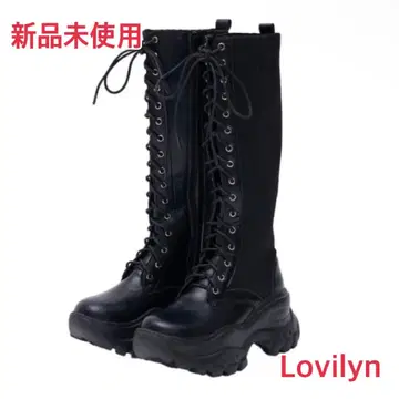 [미사용 새상품] Lovilyn 통굽 레이스업 니트 부츠 블랙 L