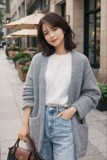 PLST 그레이 니트 가디건 프론트 포켓 부착