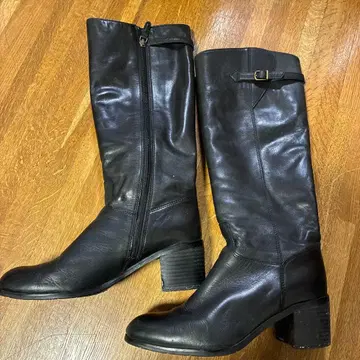 블랙 가죽 롱 부츠 중간 힐 지퍼 포함