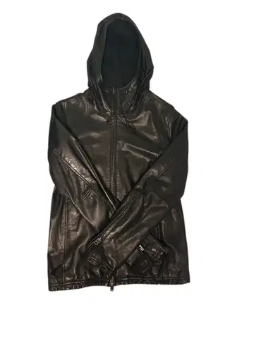 SHAMA 블랙 가죽 후드 부착 자켓