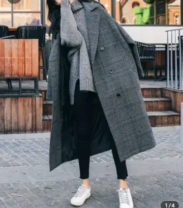 체크 무늬 롱 코트 그레이 계열