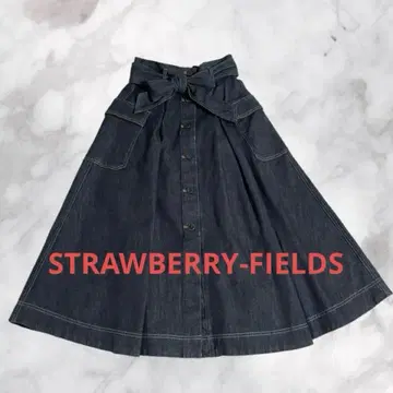 스트로베리 필드 리본 벨트 데님 플레어 스커트 인디고 블루