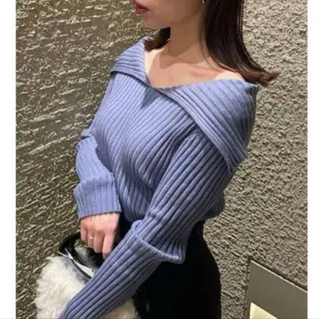 FRAY I.D 와이드 리브 오픈 카라 니트 캐시미어 혼방 블루