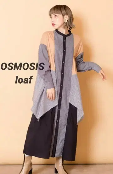 Osmosis 배색 절개 셔츠 원피스 롱 밴드 카라 셔츠 루즈핏