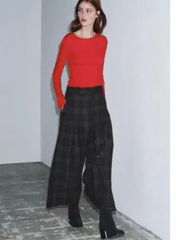 ZARA 울 블렌드 체크 와이드 레그 팬츠