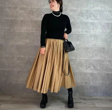 keep my closet 베이지 플레어 스커트 롱 기장 프리 사이즈