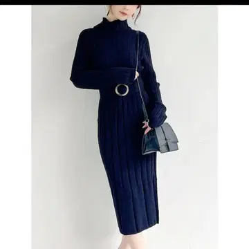 와이드 리브 니트 원피스 RESEXXY 네이비