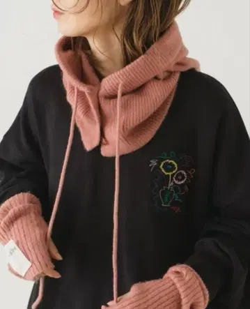 [ Kastane ] 니트 장미 발라클라바 & 리브 니트 암커버 pink