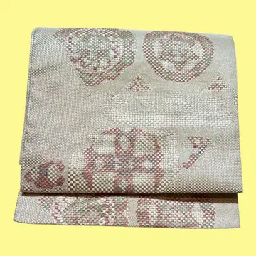 [ 새상품급 ] 나고야 오비 기하학 패턴 꽃무늬 베이지 화이트 빨간색