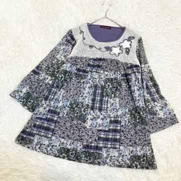 칼라바자 꽃무늬 패치워크 블라우스 튜닉 7부 소매 퍼플 올 패턴