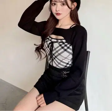 NOMAE 체크 리본 숏 레이어드 니트 상의