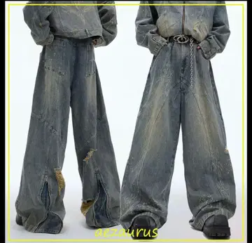 ARGUECULTURE 데미지 가공 와이드 데님 팬츠