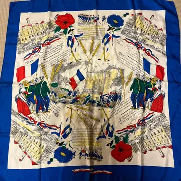 프랑스제 빈티지 실크 스카프 90cm 손바느질 대형 옅은 얼룩 있음