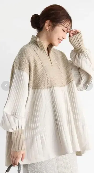 YAMADAYA Vin 케이블 니트 도킹 플리츠 블라우스
