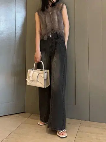 새상품 FRAY I.D 아지메 더블 허리 와이드 데님 팬츠 블랙