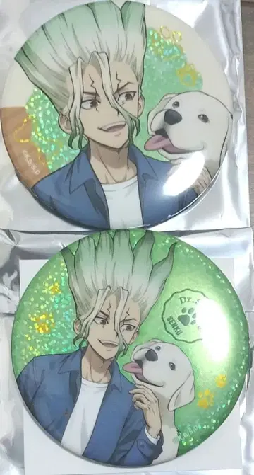 이시가미 센쿠 75mm 키라키라 캔뱃지 닥터 스톤 with dogs