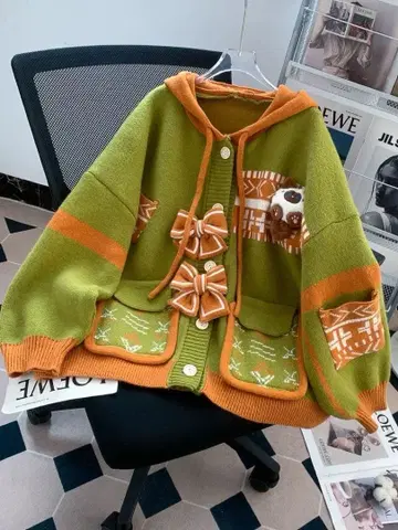 후드 부착 니트 스웨터 그린과 오렌지