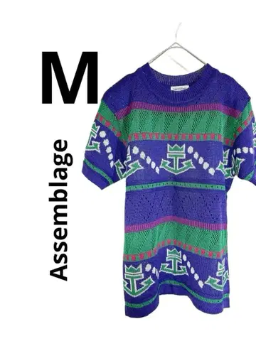 새상품급 반팔 니트 보라색 그린 핑크 시스루 어깨 패드 포함 일본제