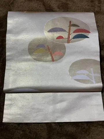 순수 실크 나고야 오비 금사, 나무와 벚꽃 문양, 옅은 벚꽃색, 새상품급