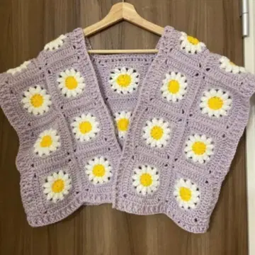 크로셰 니트 베스트 가디건 꽃무늬 크로셰 뜨개질 니트 퍼플 데이지