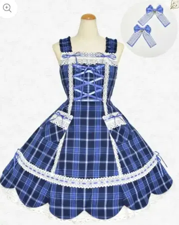 BABY 밑단 스캘럽 타탄 체크 JSK, 리본 빗 블루 세트