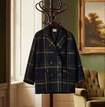 네이비 계열 체크 더블 브레스트 코트
