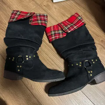 캐주얼 부츠 체크 무늬 접이식 y2k