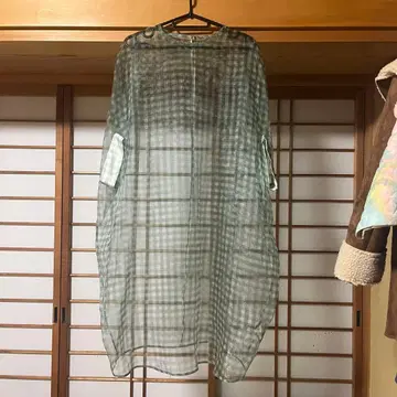 TARO HORIUCHI 그린 계열 체크 반팔 시어 원피스