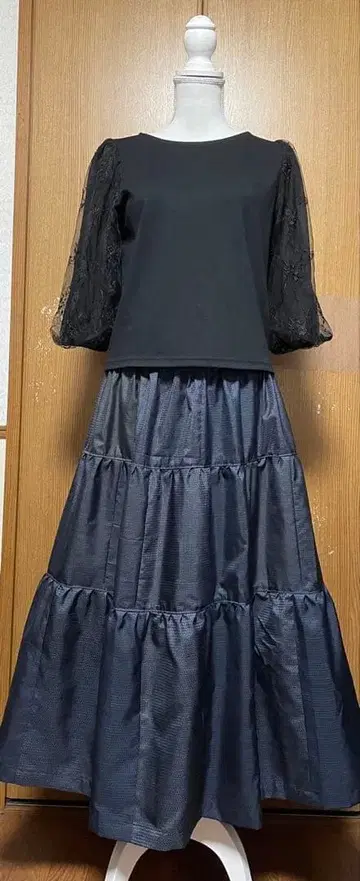 기모노 리메이크 심플 남색 계열 오시마 패치워크 캉캉 스커트