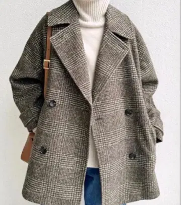 스픽 앤 스팬 W 슬라이버 체크 하프 코트 브라운