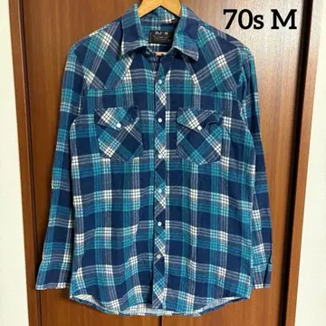 빈티지 70s 프린트 플란넬 셔츠 M 체크 무늬 웨스턴
