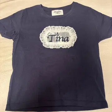 티나 조준 레이스 자수 반팔 T셔츠 네이비