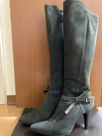 긴자 카네마츠 그레이 스웨이드 롱 부츠 하이힐 23.5cm